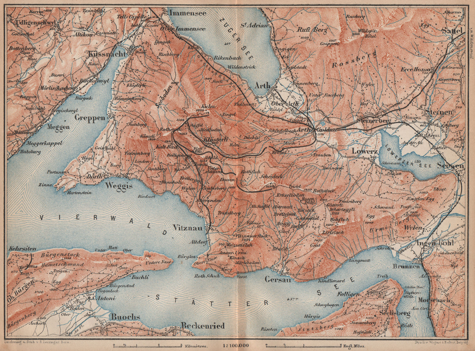 THE RIGI. Vitznau Lowerz Immensee Arth Gersau Bekenried. Topo-map 1893 old